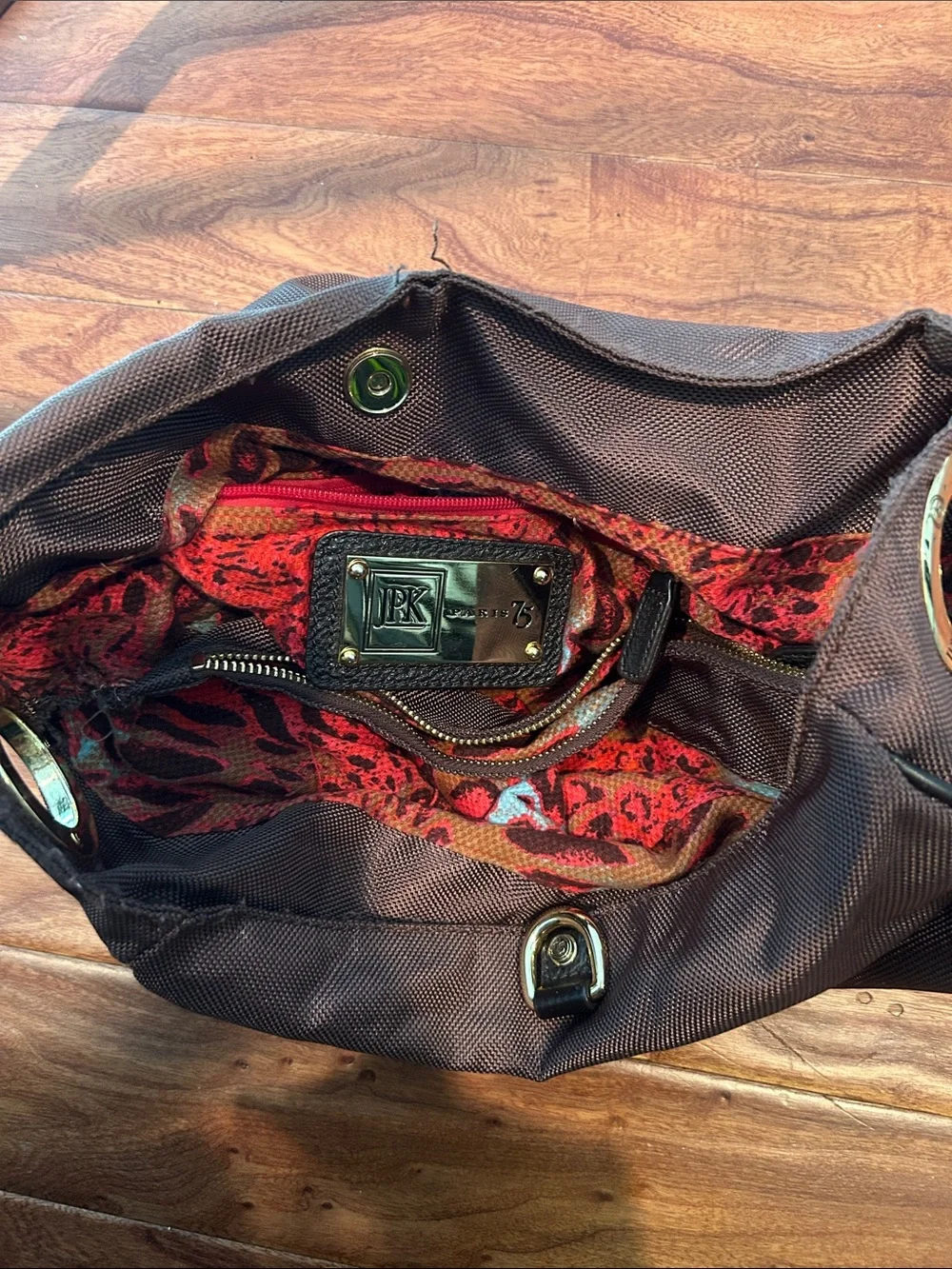 JPK Paris 75 Brown Nylon Red Graphic Printed Interior Handbag